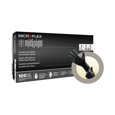 Microflex MidKnight Medium Powder-free Black Nitrile Gloves Box/100