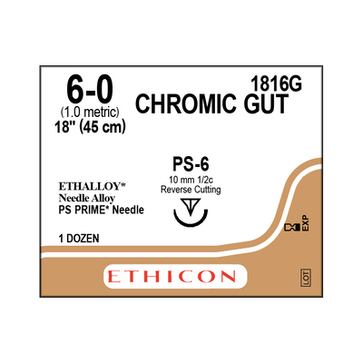 Ethicon Sutures 6-0 Chromic Gut 18" PS-6 Needle Pk/12