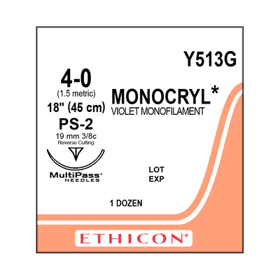 Ethicon Sutures Y513G 4-0 Monocryl Violet Mono 18" PS-2 Pk/12
