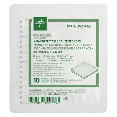 Gauze Sponge 12-Ply 8" x 4" Xray Detectable Sterile Cs/800