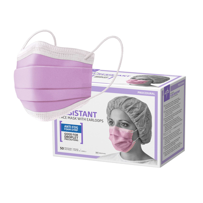 Fluid-Resistant Procedural Face Mask with Anti-Fog Foam L3 Lilac 4-Ply Earloop 50/Bx