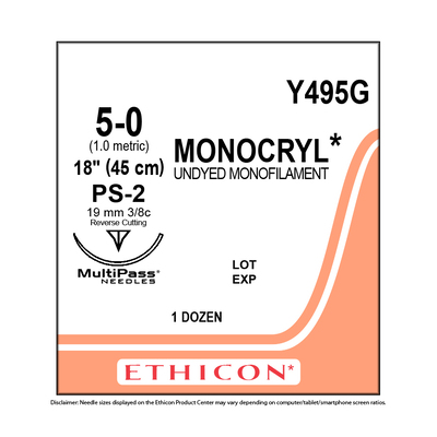 Ethicon Y495G 5-0 Monocryl Undyed Absorb 18" PS-2 Pk/12