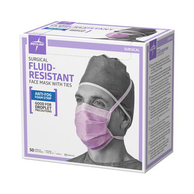 Surgical Fluid-Resistant Face Mask with Anti-Fog Foam, with Ties, Level 3, 4-Ply, Lilac 50/Box