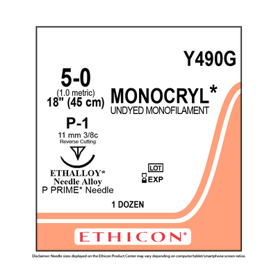 Ethicon Y490G 5-0 Monocryl Undyed Absorbable 18" P-1 Pk/12